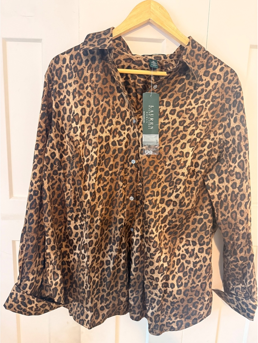 L. Ralph Lauren 100% cotton leopard long sleeve button up collar blouse top 1X